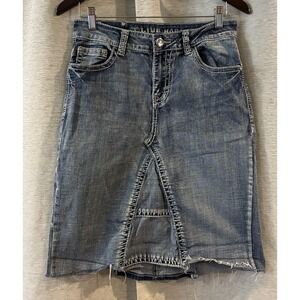 Y2K Live Hard Denim Midi‎ Skirt Embellished Flap Pockets Rhinestone Size 10